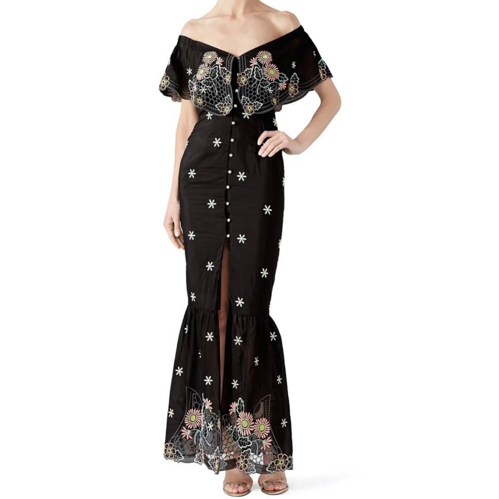 Alice McCall Honeycomb Daisy Embroidered Black Off Shoulder Dress Size 2